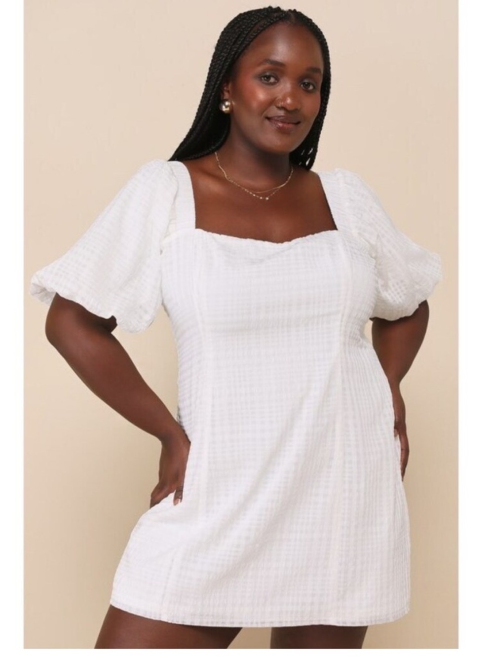 Lulus strolling in seine white plaid burnout‎ puff sleeve mini dress size large